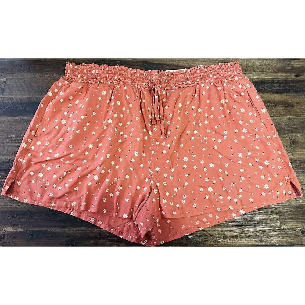 Junior's Plus Floral Smocked Salmon Coral Flowy Breezy Shorts SIZE 2X‎ NWT
